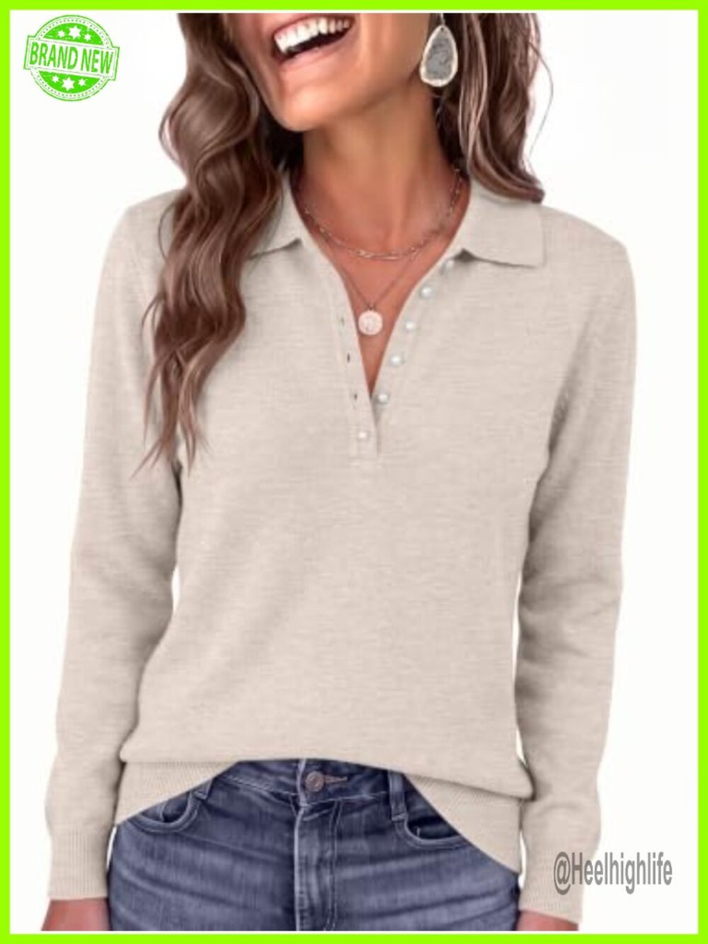 Long Sleeve Polo Sweater with Pearl Button Lightweight Knit Pullover